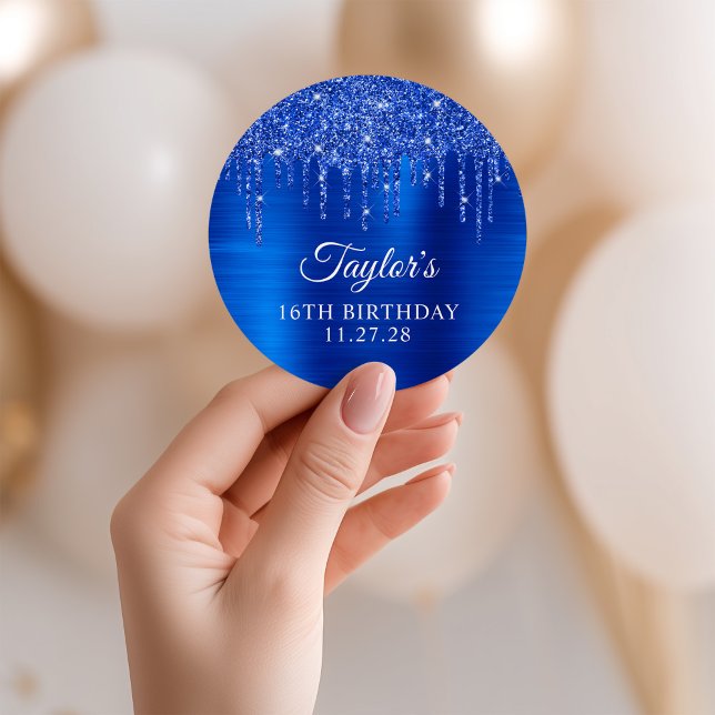 Royal Blue Glitter Drips 16th Birthday Runder Aufkleber (Royal Blue Glitter Drips 16th Birthday Classic Round Sticker)