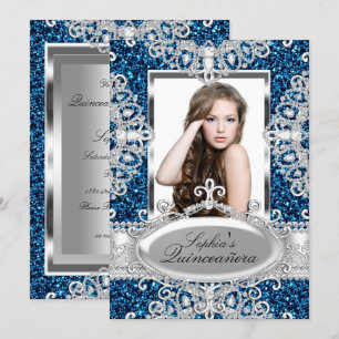 Royal Blue Glitzer Diamond Glamour Quinceanera Einladung