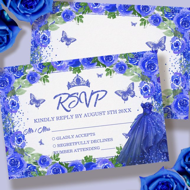 Royal Blue Glitzer Floral Quinceanera RSVP Karte (Blue Glitter Floral Quinceanera RSVP Card)
