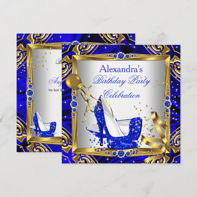 Royal Blue Glitzer High Heel Schuhe Gold Weiße Sei Einladung (Vorne/Hinten)
