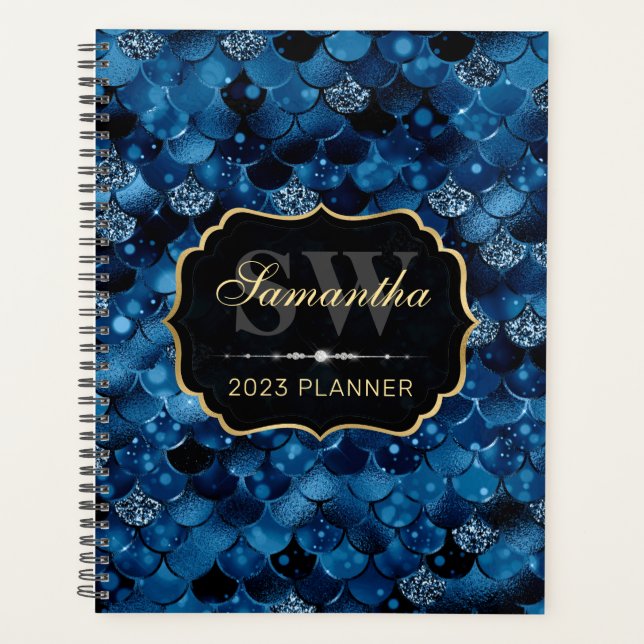 Royal Blue Glitzer Mermaid Fish Scales Monogram Planer (Vorderseite)