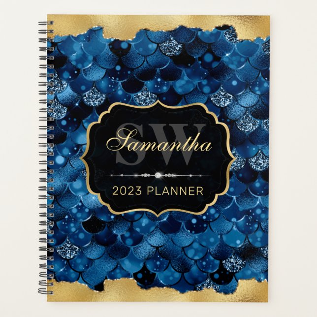 Royal Blue Glitzer Mermaid Fish Scales Monogram Planer (Vorderseite)