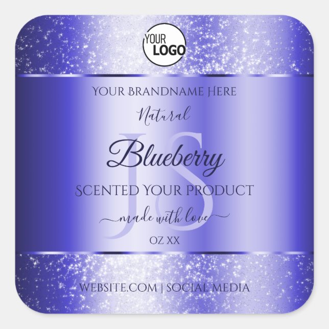 Royal Blue Glitzer Product Labels Monogram Logo Quadratischer Aufkleber (Vorderseite)