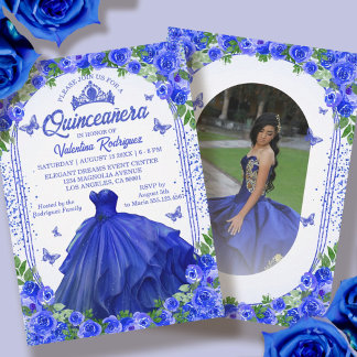 Royal Blue Glitzern Floral Sparkle Quinceanera Einladung