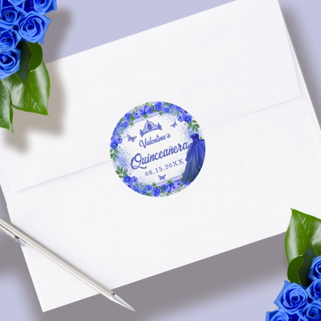 Royal Blue Glitzern Floral Sparkle Quinceanera Runder Aufkleber (Blue Glitter Floral Sparkle Quinceanera Classic Round Sticker)