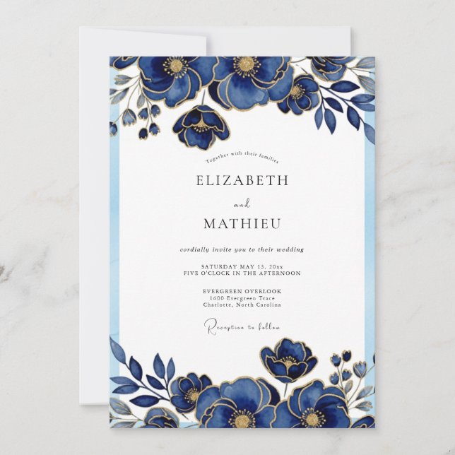 Royal Blue Glorious Botanical Wedding Einladung (Vorderseite)