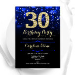 Royal Blue Gold 30. Geburtstag Einladung<br><div class="desc">Party Einladung zum 30. Elegantes königsblaues Design mit faux glänzendem Gold. Mit stilvollen Diamanten,  Bokeh-Leuchten und Skript-Schriftart. Frauen oder Männer laden ein. Ideal für eine stilvolle Geburtstagsparty. Personalisieren Sie Ihre persönlichen Daten. Nachricht,  wenn Sie weitere Anpassungen benötigen. Gedruckte Zazzle Einladungen oder Sofortdownload digitalen druckbaren Vorlage.</div>