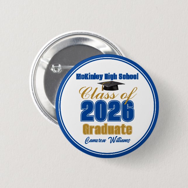 Royal Blue Gold Abschlussklasse 2026 Erinnerungsst Button (Vorne & Hinten)