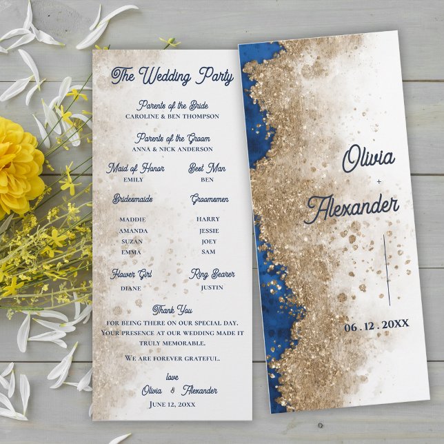 Royal Blue Gold Abstract Wedding Ceremony Program Einladung (Royal Blue Gold Wedding Program Card | Elegant Formal Ceremony Program)