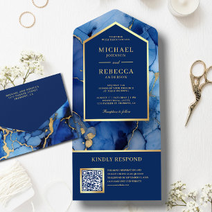 Royal Blue Gold Abstrakt Fluid Ink QR Code Wedding All In One Einladung