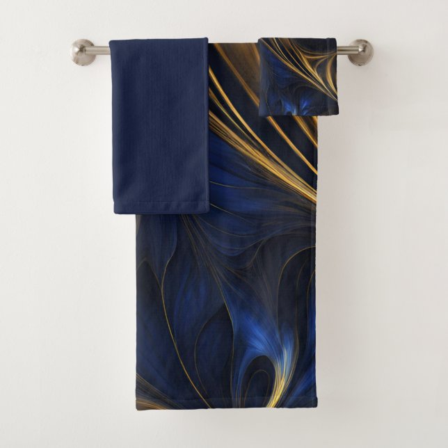 Royal Blue Gold Abstrakt Swirl Badhandtuch Set (Insitu)