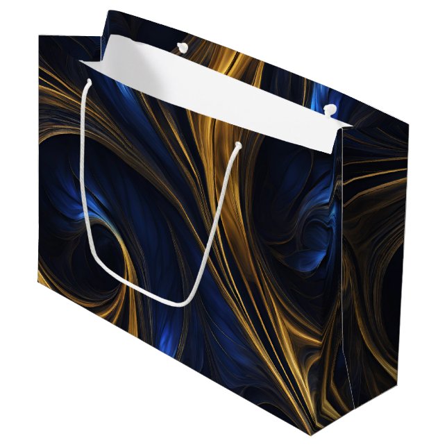 Royal Blue Gold Abstrakt Swirl Große Geschenktüte (Vorderseite Schrägansicht)