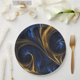 Royal Blue Gold Abstrakt Swirl Pappteller