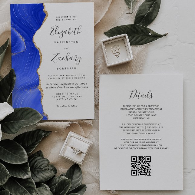 Royal Blue Gold Agate QR Code Wedding Einladung (Von Creator hochgeladen)