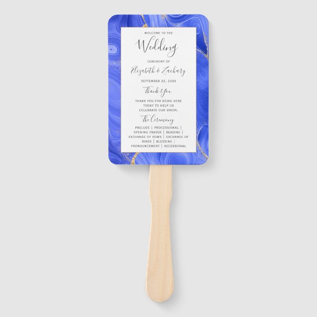 Royal Blue Gold Agate Wedding Program Fächer (Vorderseite)