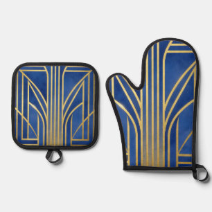 Royal Blue Gold Art Deco Ofenhandschuh & Topflappen-Set
