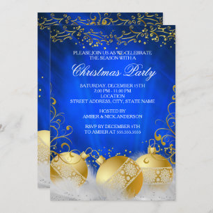 Royal Blue Gold Bauble White Christmas Party Einladung