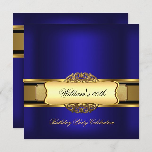 Royal Blue Gold Birthday Party Men's Women Einladung (Vorne/Hinten)
