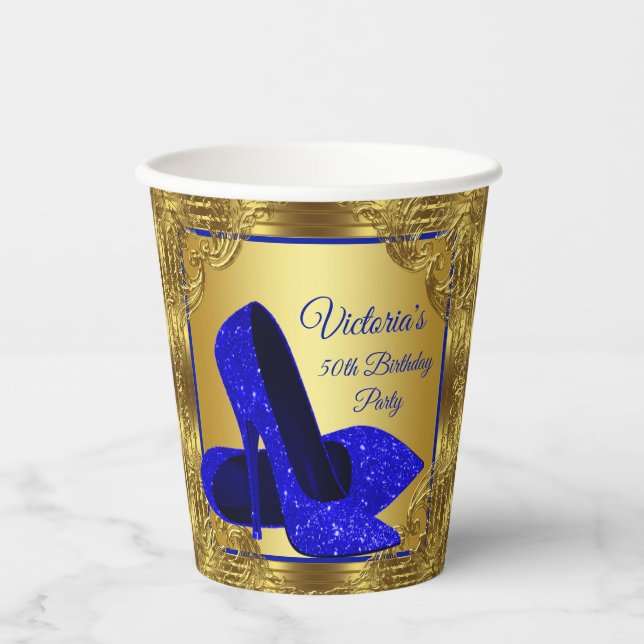 Royal Blue Gold Birthday Party Paper Cups Pappbecher (Vorderseite)