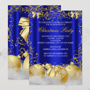 Royal Blue Gold Bow Bauble White Christmas Party Einladung