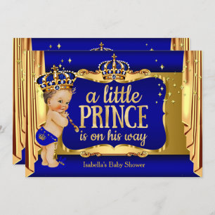 Royal Blue Gold Boy Prince Baby Dusche Brünett Einladung