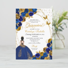 Royal Blue Gold Butterfly Princess Quinceanera Einladung