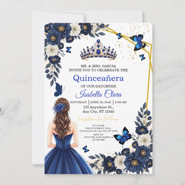 Royal Blue Gold Butterfly Quinceañera Invite Einladung (Vorderseite)