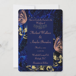 Royal Blue Gold Butterfly Wedding Round Einladung