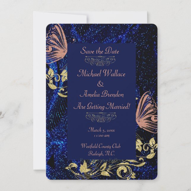 Royal Blue Gold Butterfly Wedding Save the Date (Vorderseite)