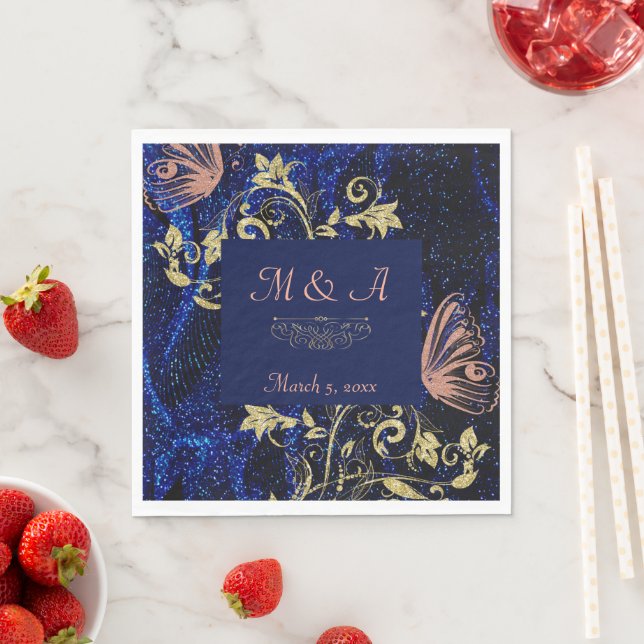 Royal Blue Gold Butterfly Wedding Serviette (Beispiel)