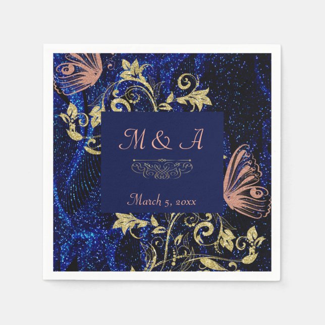 Royal Blue Gold Butterfly Wedding Serviette (Vorderseite)