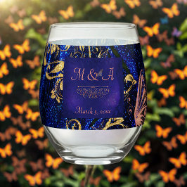 Royal Blue Gold Butterfly Wedding Weinglas Ohne Stiel