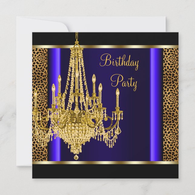 Royal Blue Gold Chandelier Leopard Birthday Party Einladung (Vorderseite)