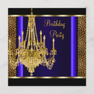 Royal Blue Gold Chandelier Leopard Birthday Party Einladung