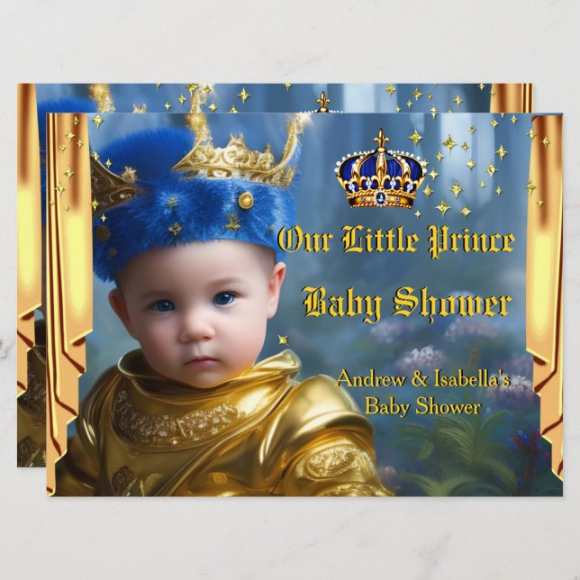 Royal Blue Gold Crown Drapes Prince Baby Dusche Einladung (Vorne/Hinten)