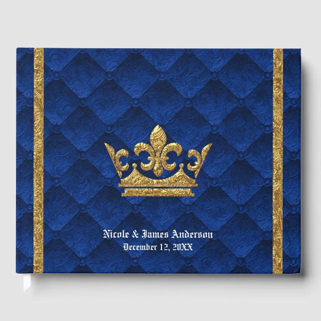 Royal Blue & Gold Crown Eleganter Glamour Hochzeit Gästebuch (Vorderseite)