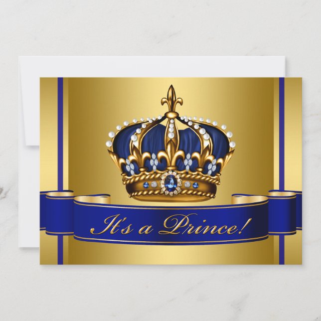 Royal Blue Gold Crown Prince Baby Dusche Einladung (Vorderseite)