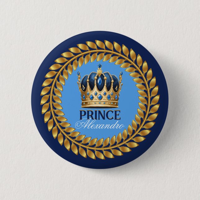 Royal Blue Gold Crown Prince Baby Dusche/Geburtsta Button (Vorderseite)