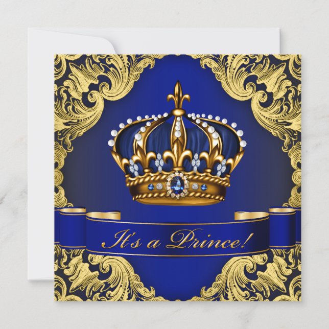Royal Blue Gold Crown Prince Boy Baby Dusche Einladung (Vorderseite)