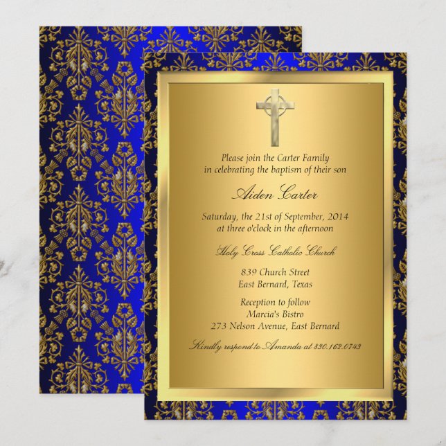 Royal Blue & Gold Damask Cross Baptisse Einladung (Vorne/Hinten)