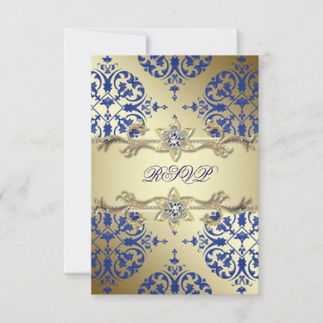 Royal Blue Gold Damask UAWG RSVP Karte (Vorderseite)