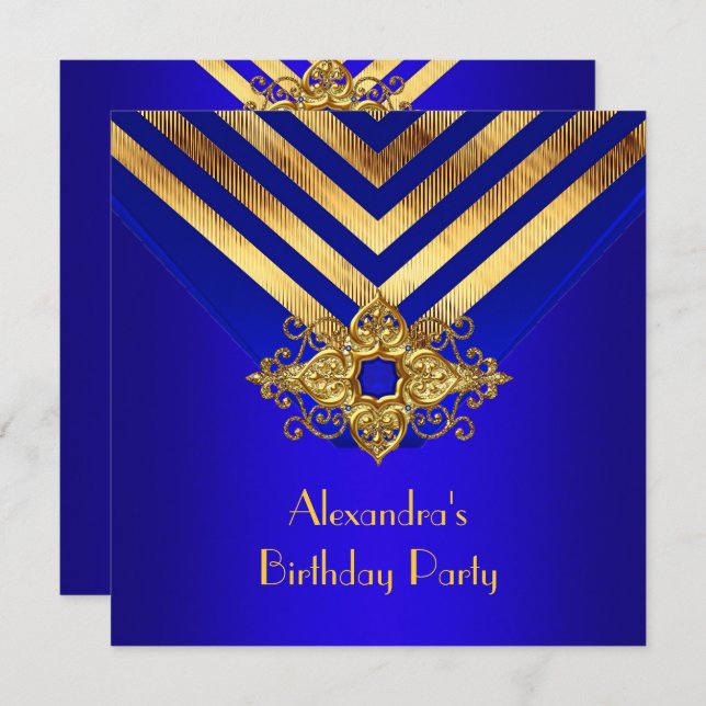 Royal Blue Gold Deko Stripe Birthday Party Einladung (Vorne/Hinten)