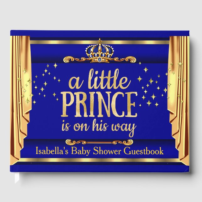 Royal Blue Gold Drapes Prince Baby Dusche Gästebuch (Vorderseite)