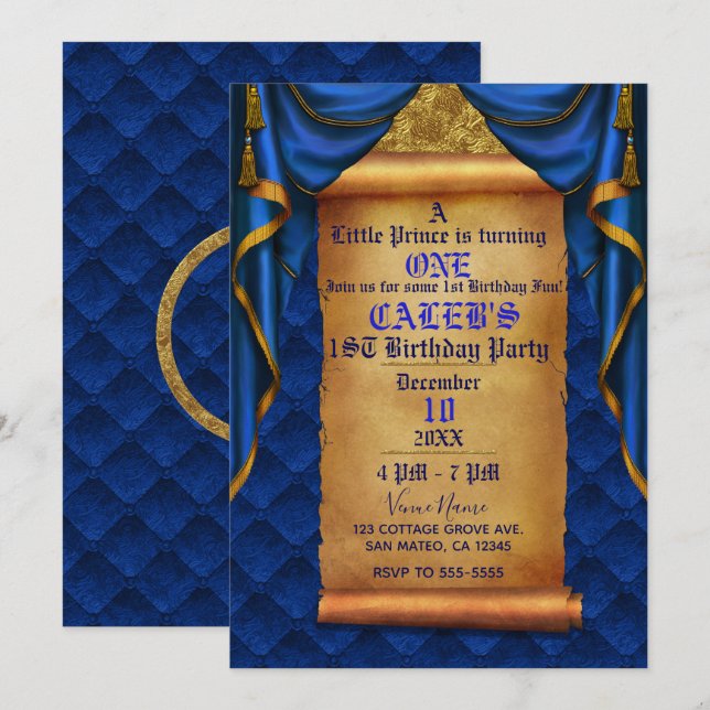 Royal Blue Gold Drapes Scroll 1. Geburtstag Party Einladung (Vorne/Hinten)