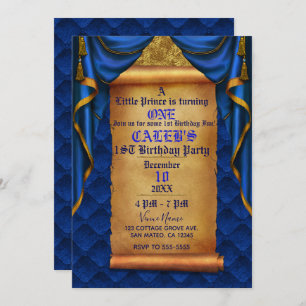 Royal Blue Gold Drapes Scroll 1. Geburtstag Party Einladung