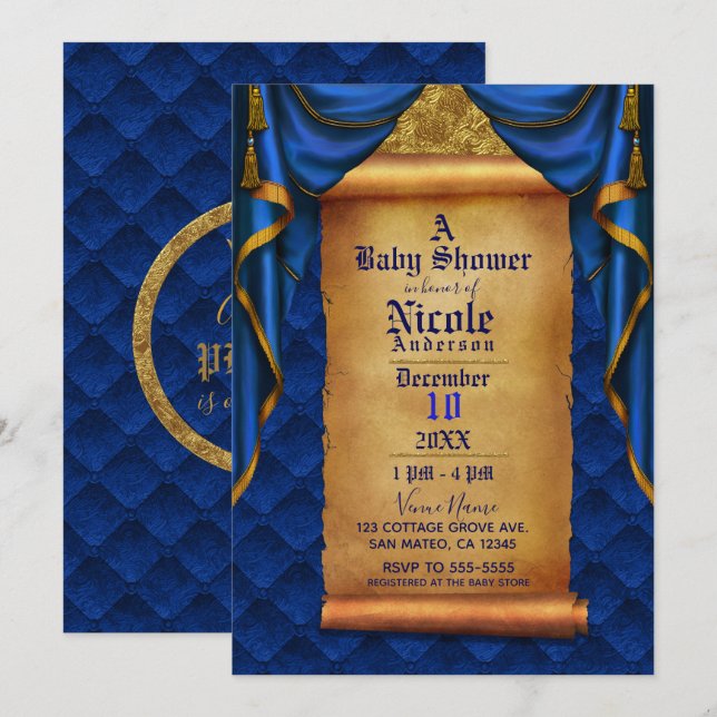 Royal Blue & Gold Drapes Scroll Baby Dusche Einladung (Vorne/Hinten)