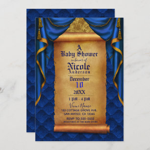 Royal Blue & Gold Drapes Scroll Baby Dusche Einladung