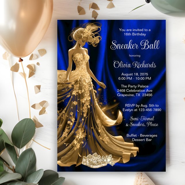 Royal Blue Gold Elegante Einladung (Elegant royal blue gold sneaker ball invitation. All text, font and wording can be changed.)