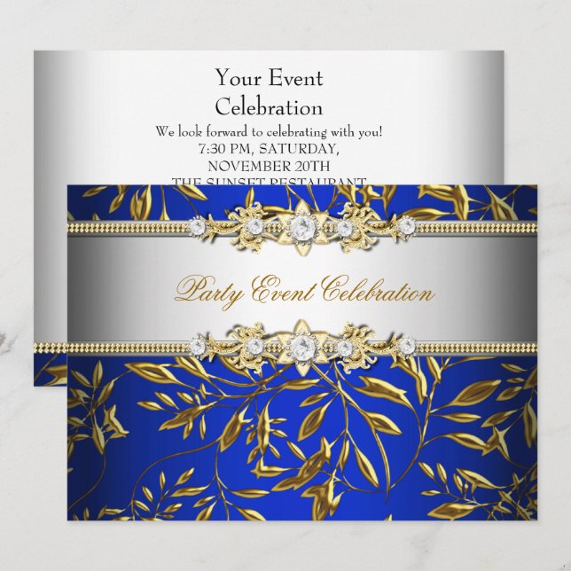Royal Blue Gold Embossed Look Elegantes Party Einladung (Vorne/Hinten)