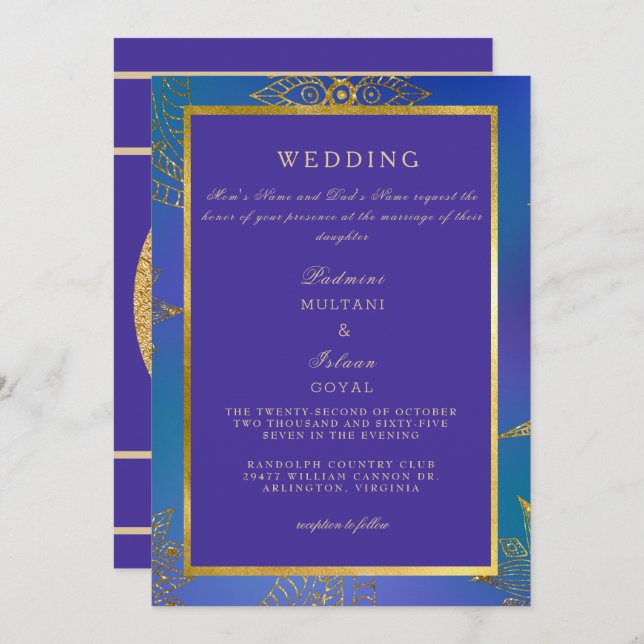 Royal Blue & Gold - farbenfrohe Hochzeitseinladung Einladung (Vorne/Hinten)